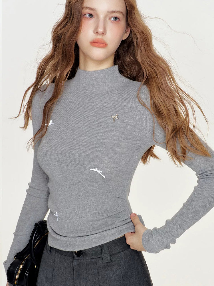 Wool Bow Turtleneck Top