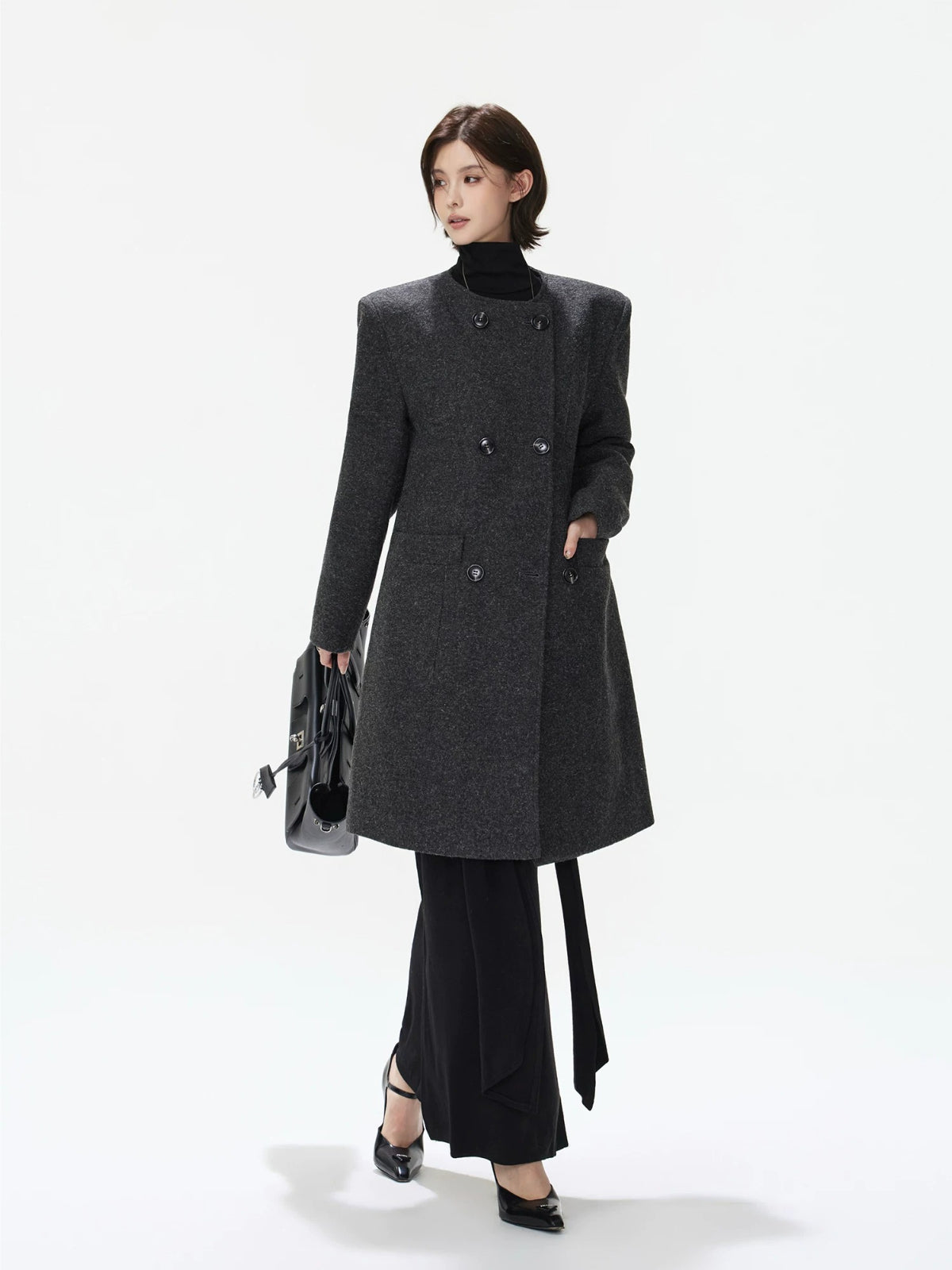 Detachable Scarf Double Breasted Wool Coat