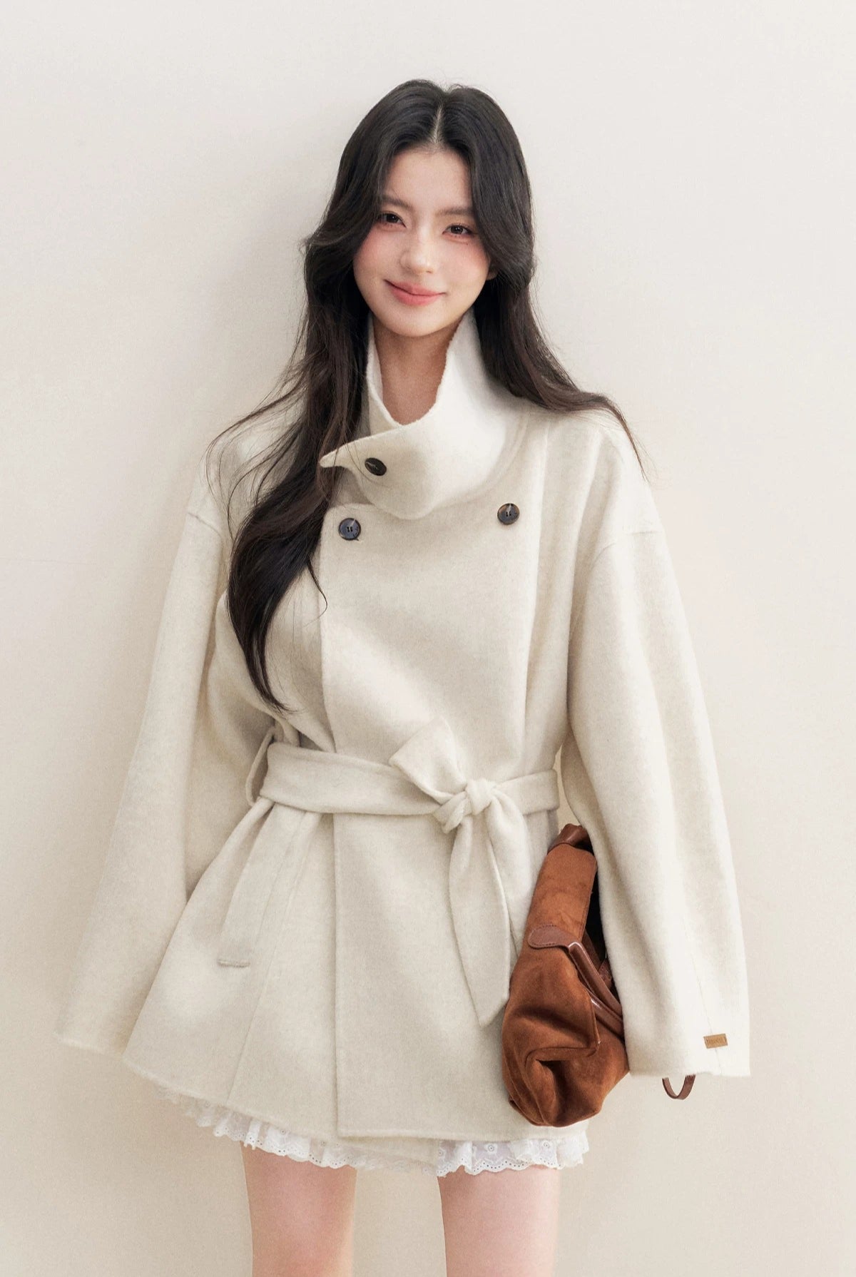 White Stand Collar Wool Coat