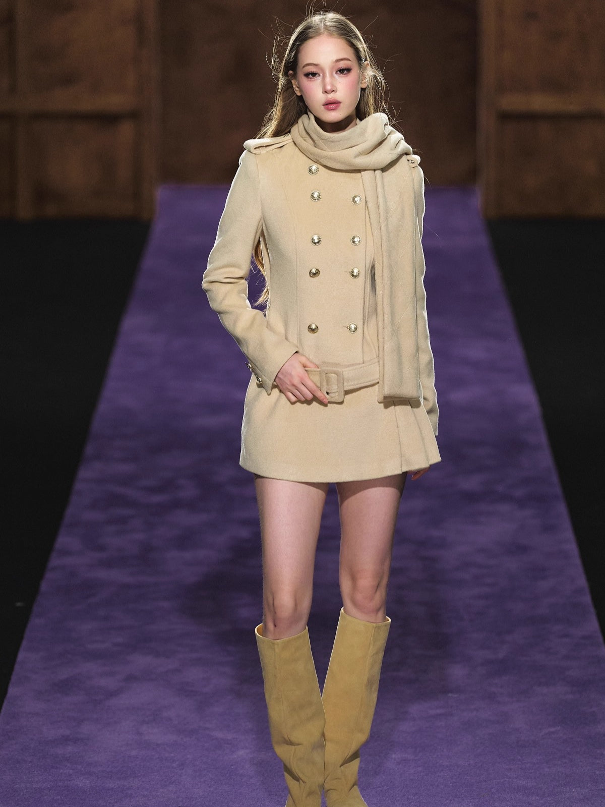 Wool Scarf-Collar Double-Breasted Dress