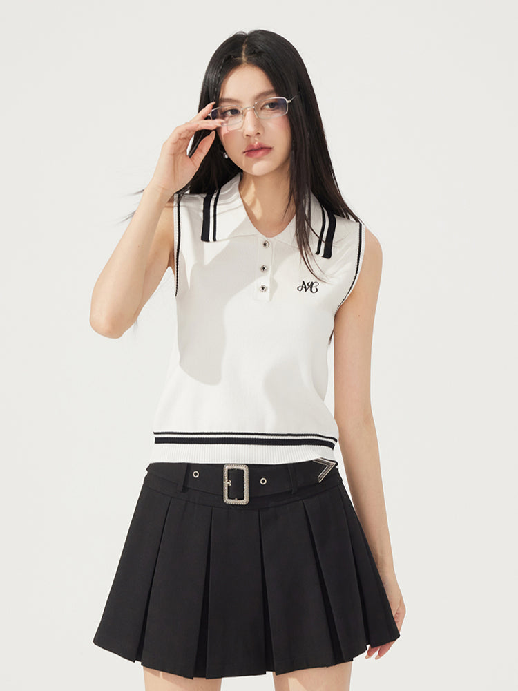 Contrast-Color Knitted Polo Collar Sleeveless Tank Top