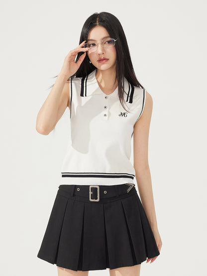 Contrast-Color Knitted Polo Collar Sleeveless Tank Top