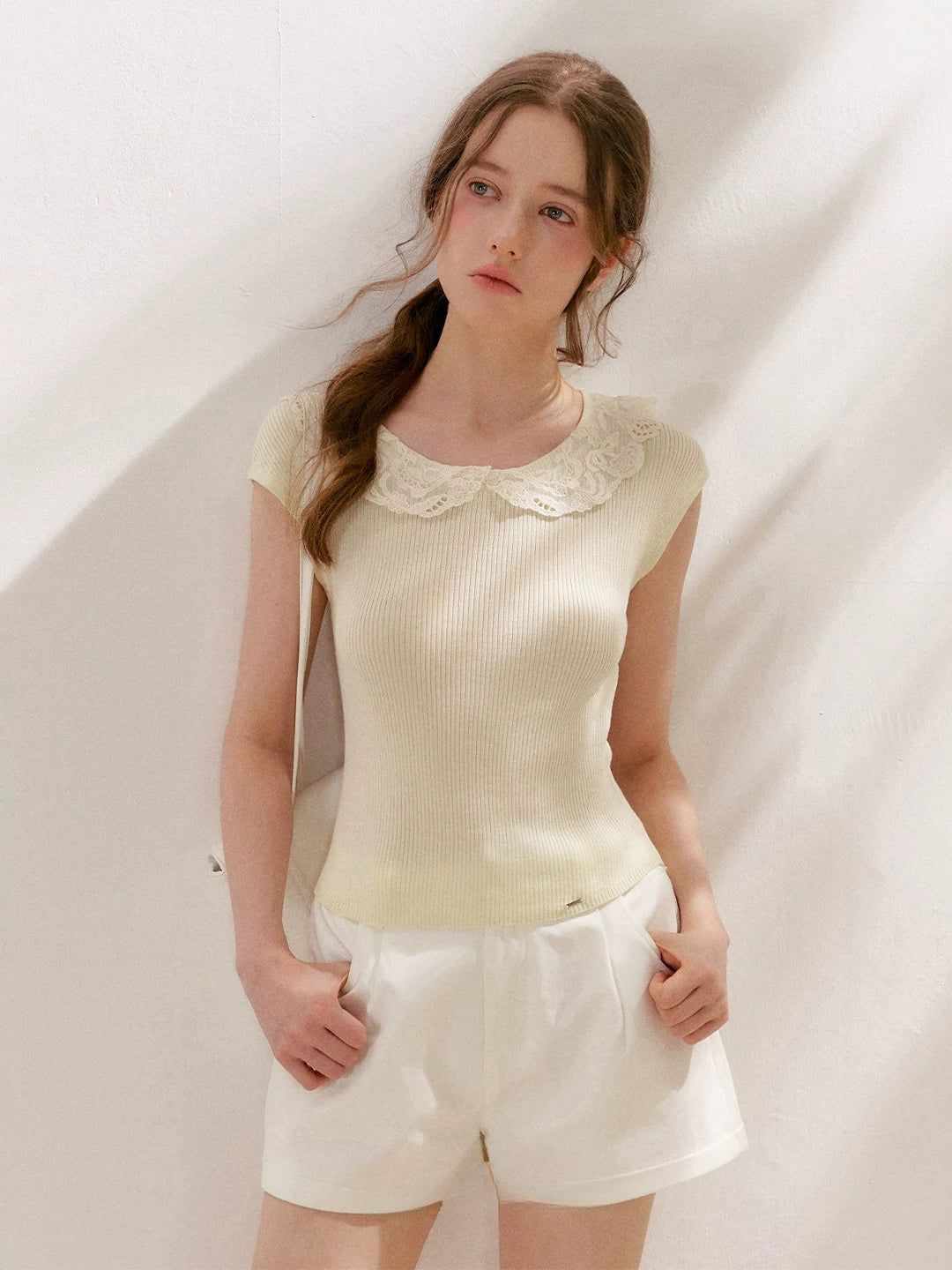 Lace-Collar Knit T-Shirt