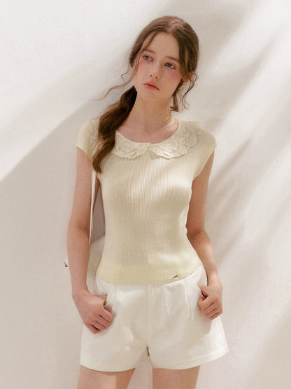 Lace-Collar Knit T-Shirt