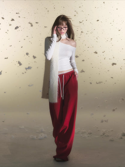 Red Lace Panel Fleece-Lined Sweatpants