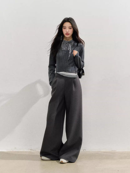 Deep Gray Plaid Waist Straight Pants
