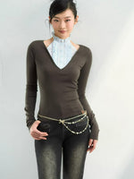 Faux Layered Mock Neck Knit Top