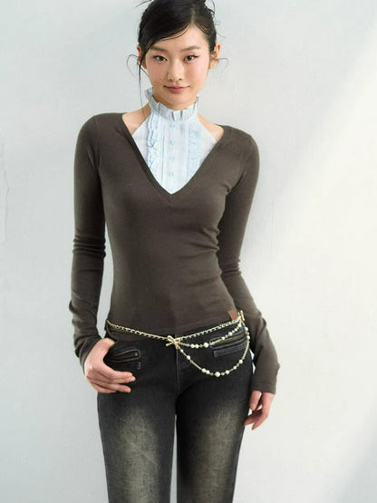 Faux Layered Mock Neck Knit Top