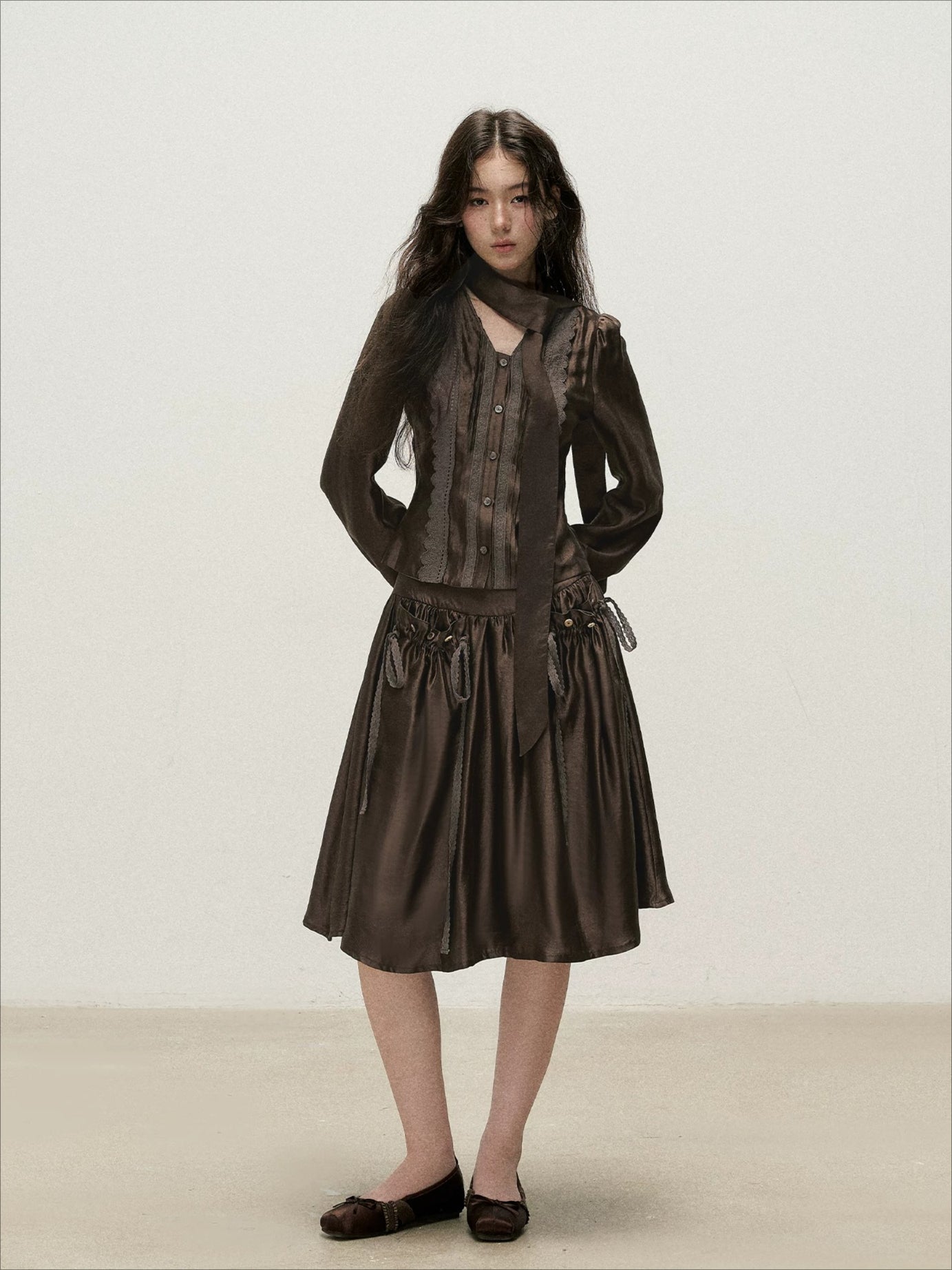 Ribbon V-Neck Skirt Set