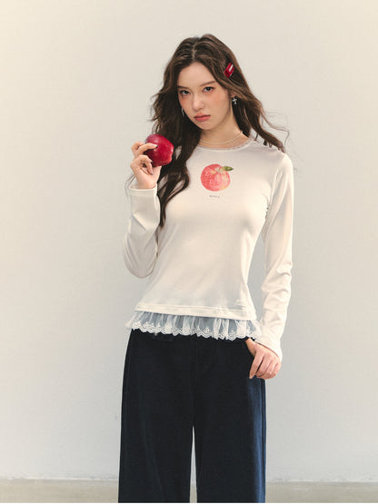 Fruit Print Lace-spliced T-Shirt