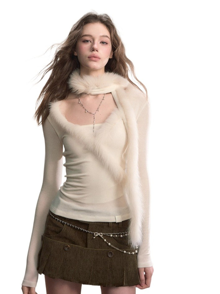 Patchwork Fox Fur Knit Top &amp; Fur Scarf Set