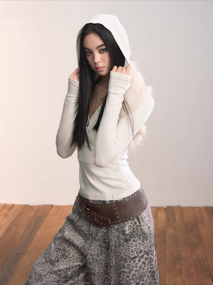 Cross Neck Hooded Slim-Fit Knit Top