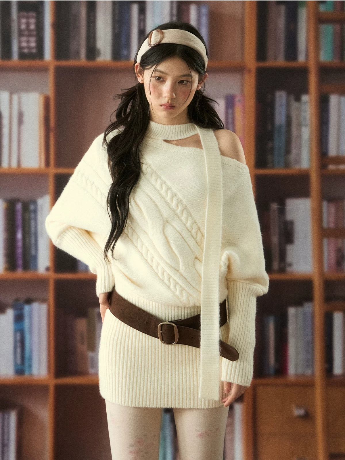 Cable Knit Off-Shoulder Sweater Dress