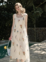Gauze Flower Embroidered Double - Layer Sundress