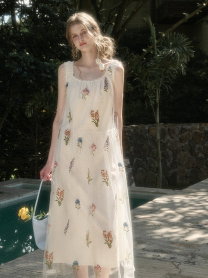 Gauze Flower Embroidered Double - Layer Sundress