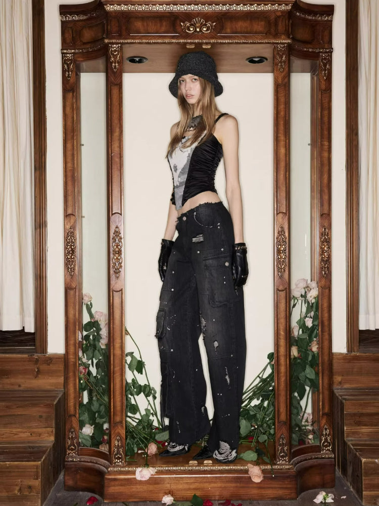 Multi-Pocket Washed Denim Pants