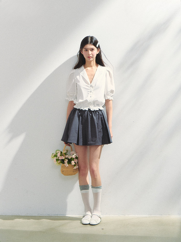 French-style V-neck Embroidered Shirt