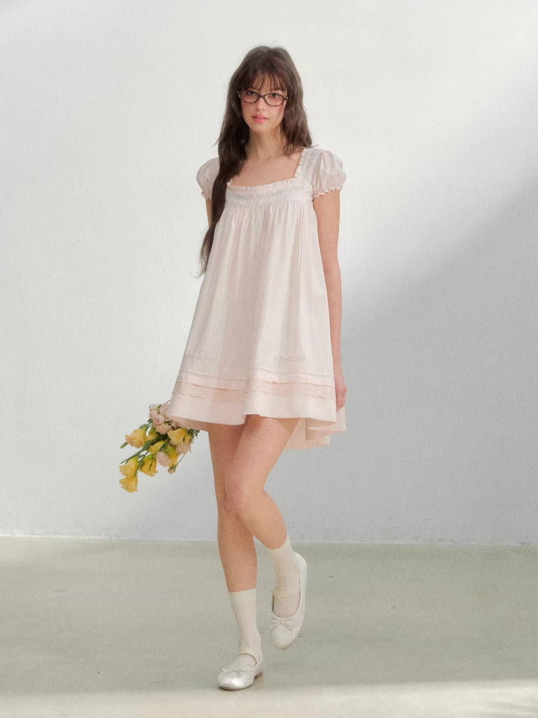 Pink Embroidered Square Neck Dress