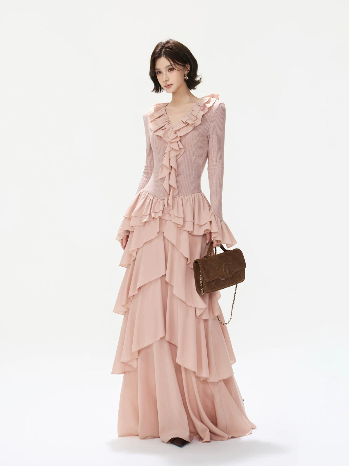 Ruffled Knit Chiffon Tiered Maxi Dress