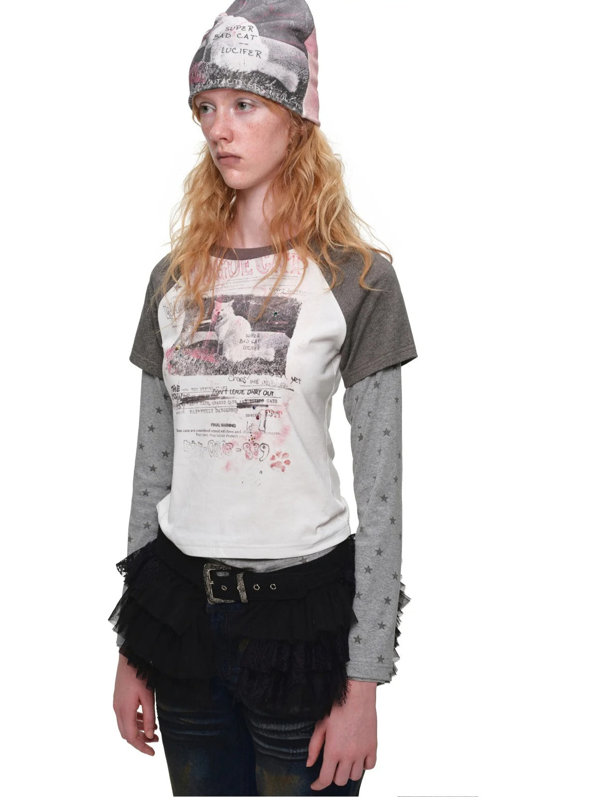 Cat Print Layered Raglan Top