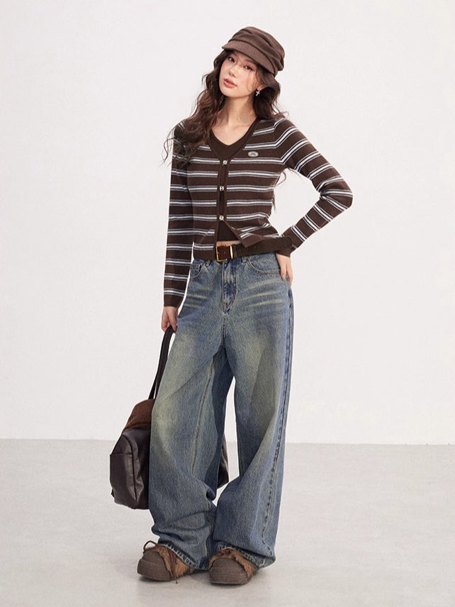 Fake Two-piece V-neck Striped Knit Top