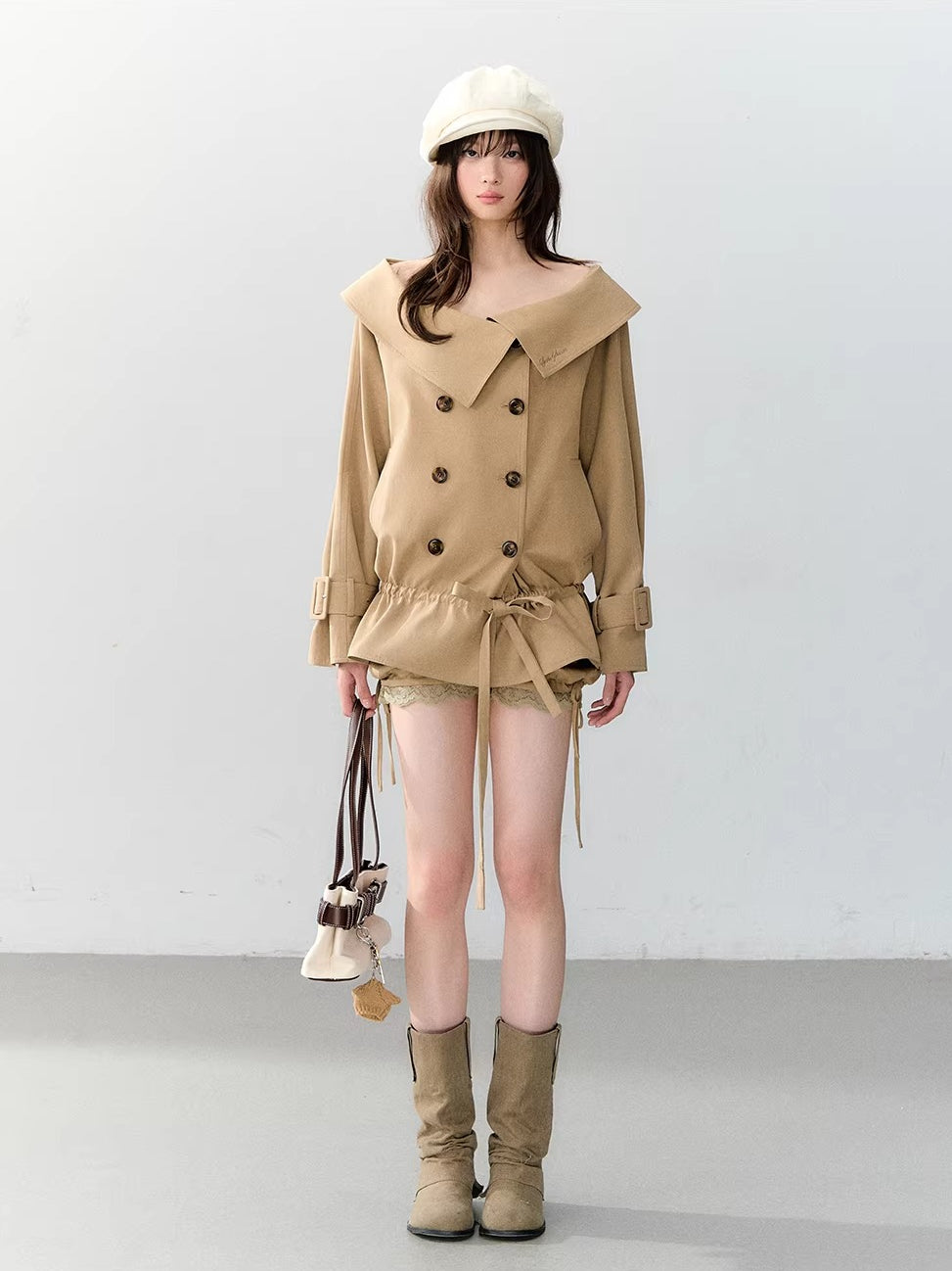 Khaki Lyocell Off Shoulder Trench