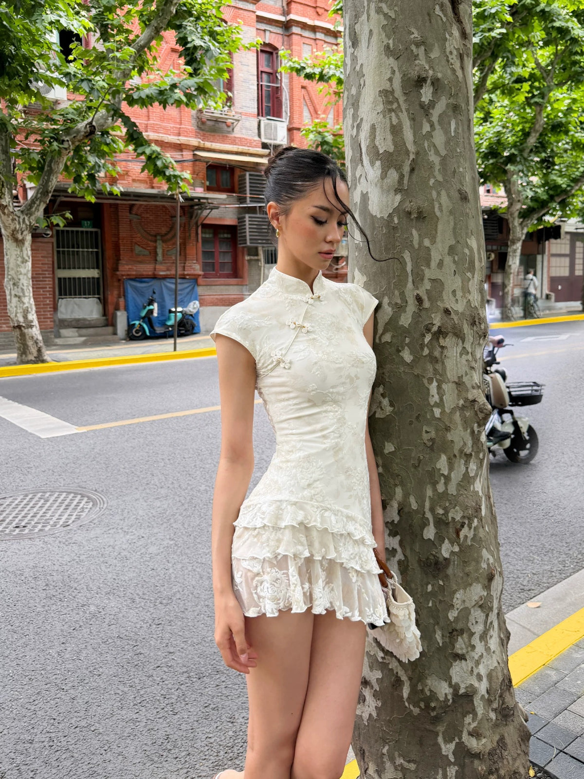 Ivory Floral Ruched Qipao Mini Dress
