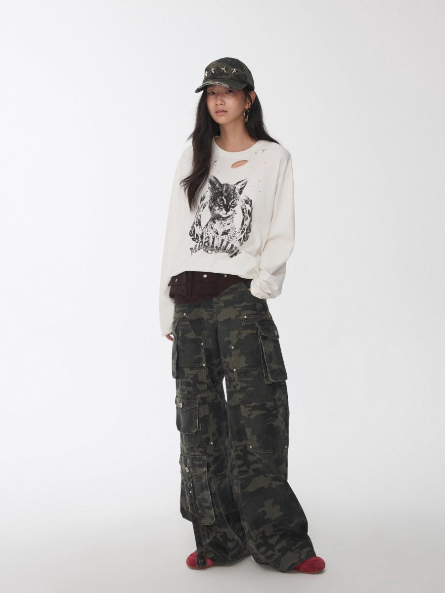 Distressed Cat Graphic Long Sleeve Cotton T-shirt