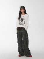 Distressed Cat Graphic Long Sleeve Cotton T-shirt