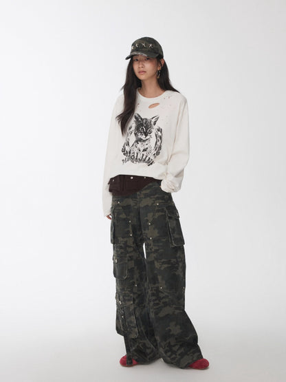 Distressed Cat Graphic Long Sleeve Cotton T-shirt