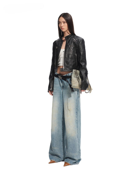 Leather-Trim Low-Rise Jeans