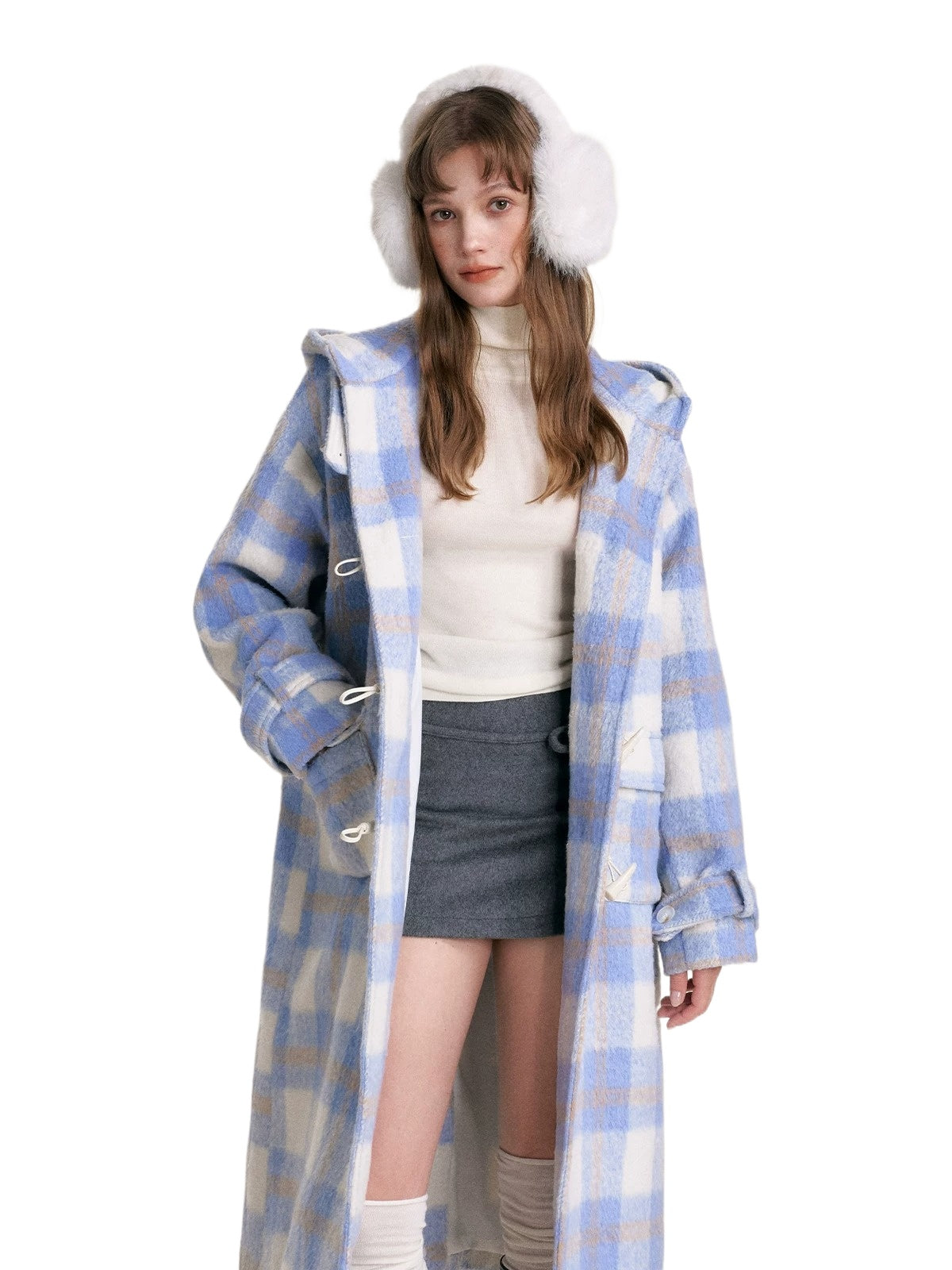 Blue Check Hooded Wool Coat
