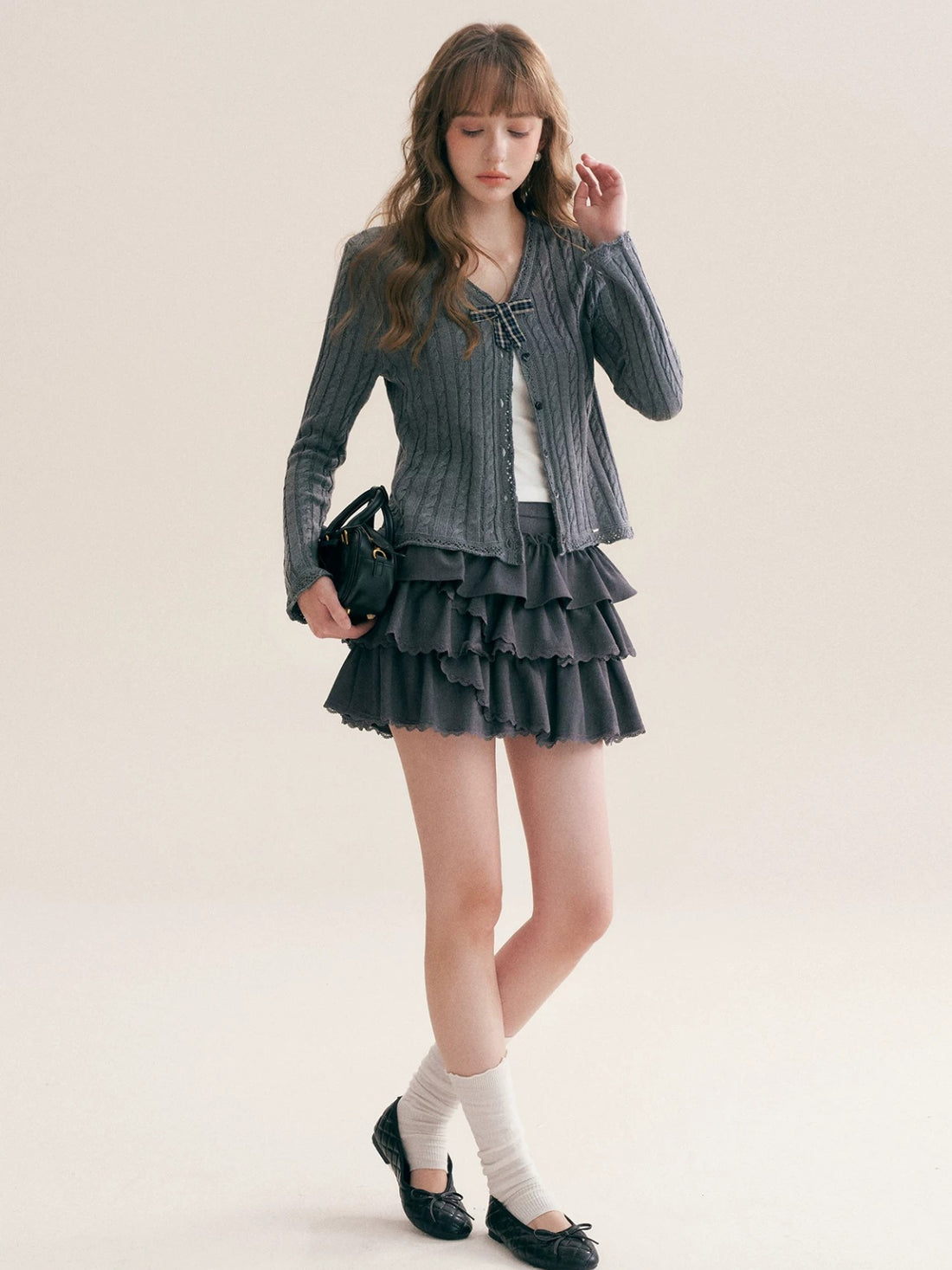 Plaid Bow Knit Cardigan