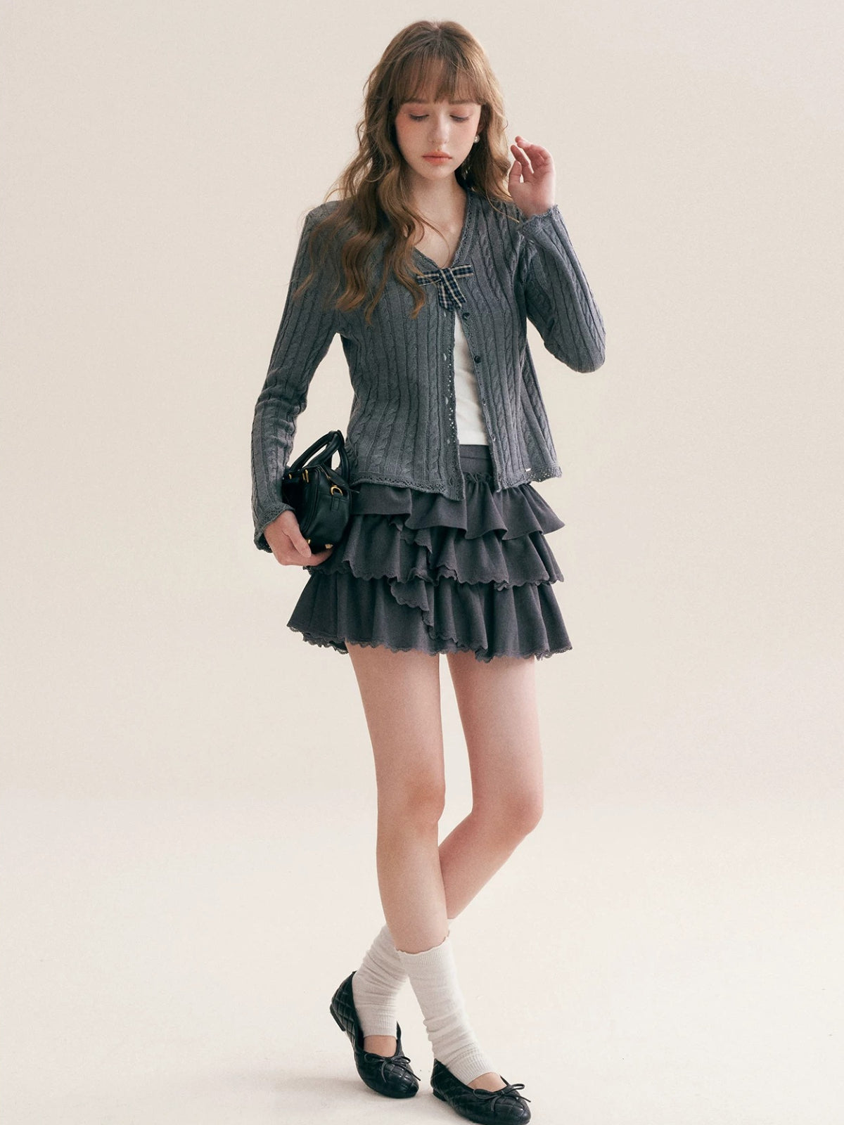 Plaid Bow Knit Cardigan