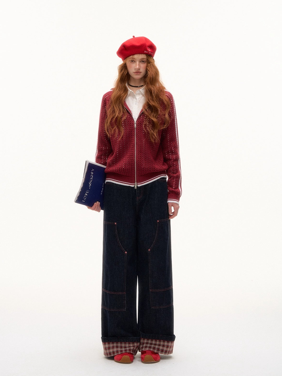 Yellow &amp; Red Plaid Hem Denim Pants