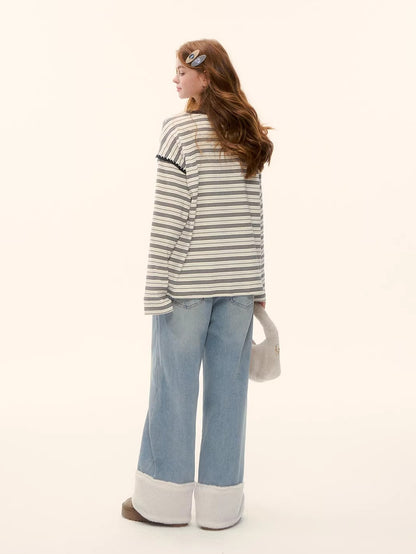 Blue Shearling-Trim Straight-Leg Denim Pants