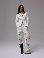 Distressed White Structured Denim Jacket