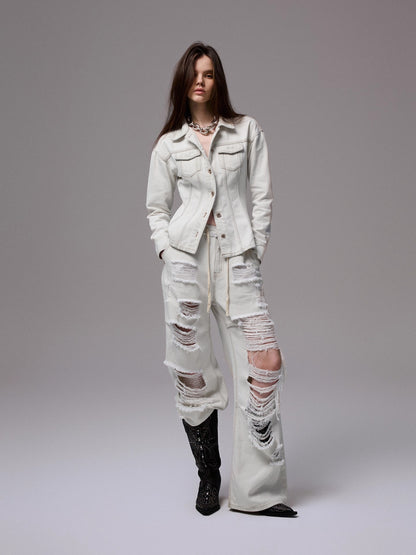Distressed White Structured Denim Jacket