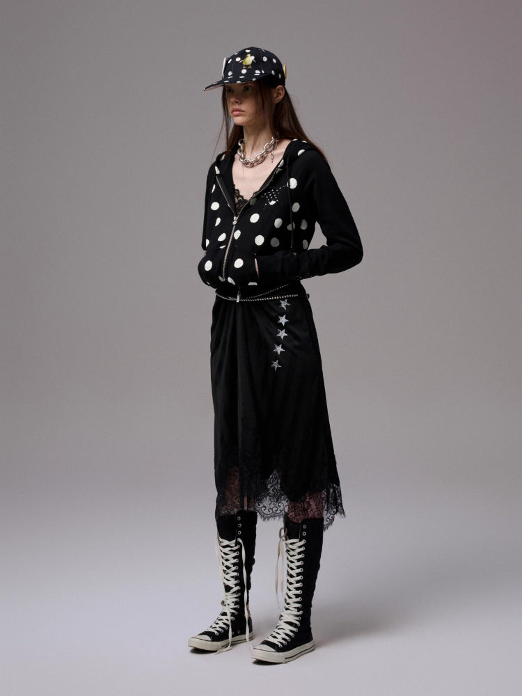 Satin Letter Print Spliced Lace Slip Midi Dress