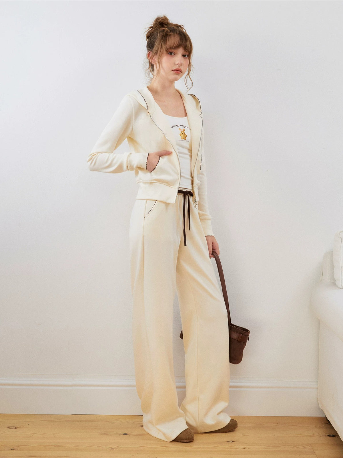 Contrast Trim Zip Hoodie &amp; Flared Pants Set