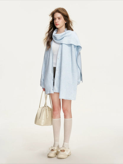 Mock-Layer Scarf Collar Chunky Cardigan