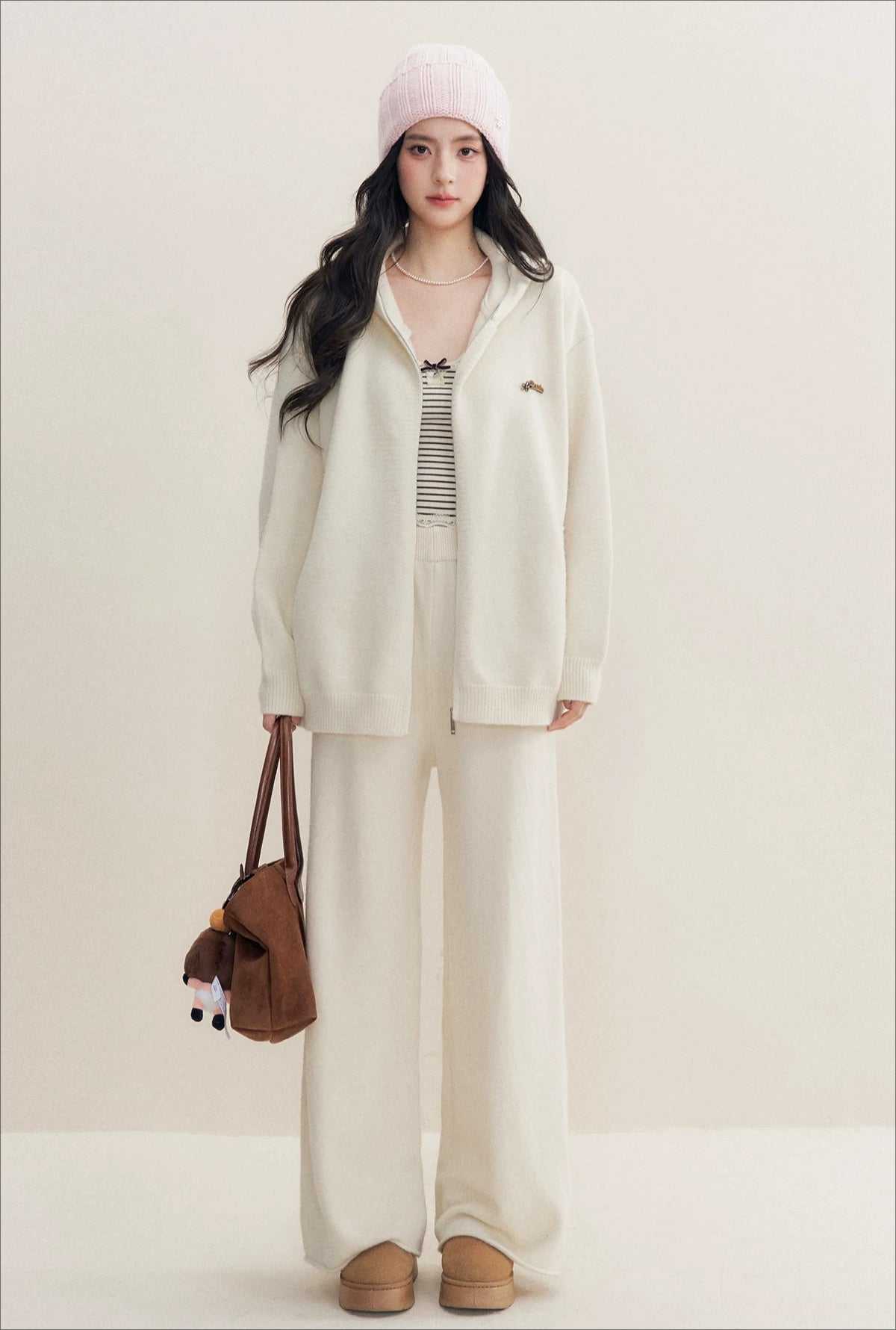 Beige Hoodie Knit Three-Piece Set