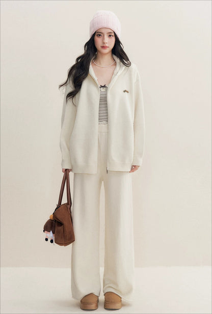 Beige Hoodie Knit Three-Piece Set