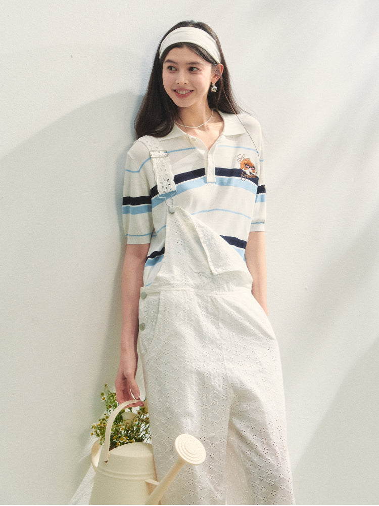 Embroidered Striped Knitted Short-sleeve Polo Shirt