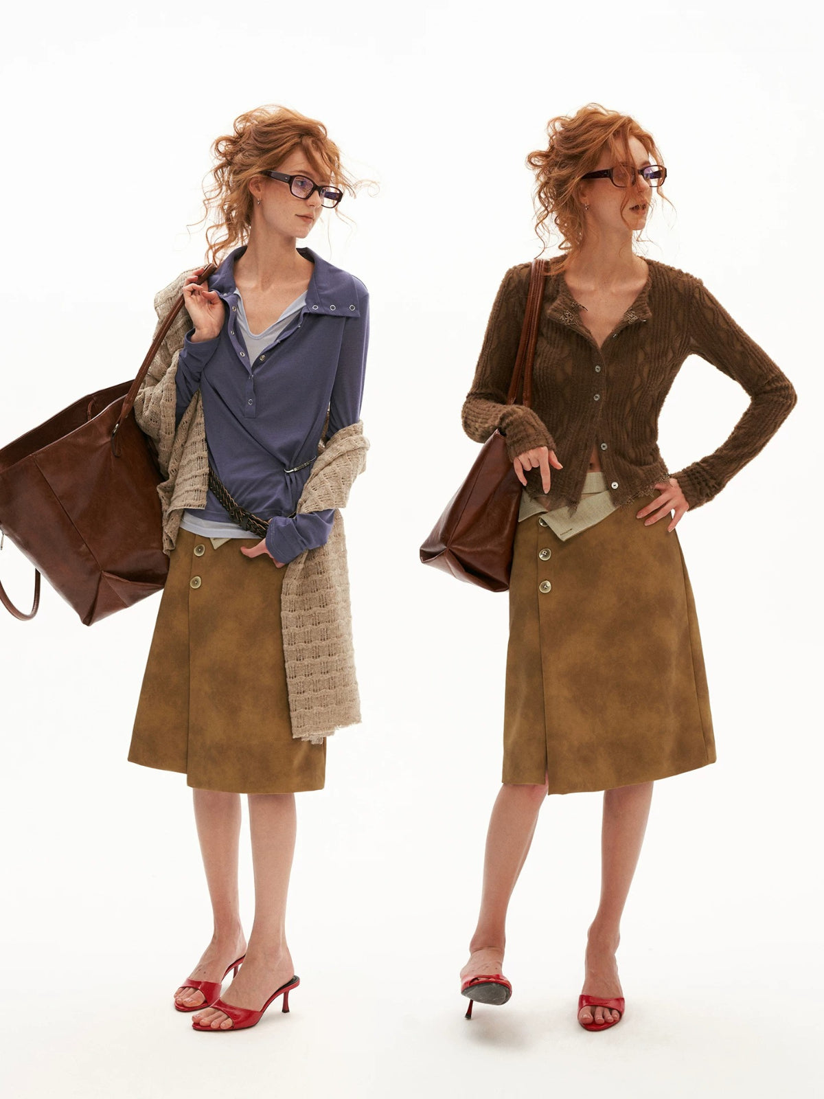 Vintage Washed Leather Midi Skirt