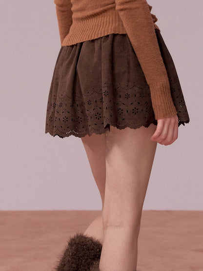 Embroidered Faux Suede A-Line Skirt
