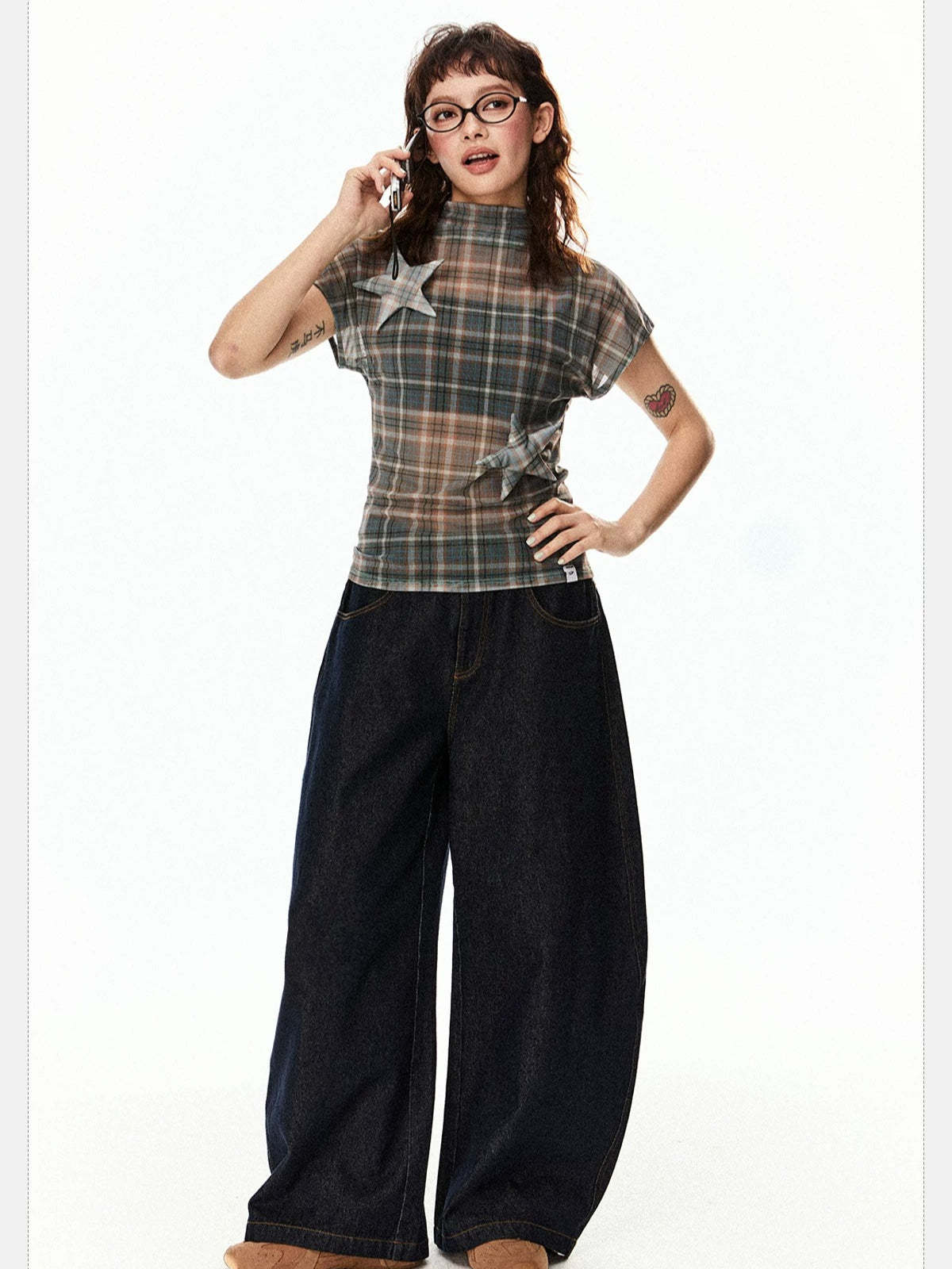Vintage Plaid Mesh Short Sleeve Top