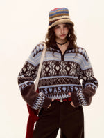 Fair Isle Half-Zip Fringed Knit Sweater