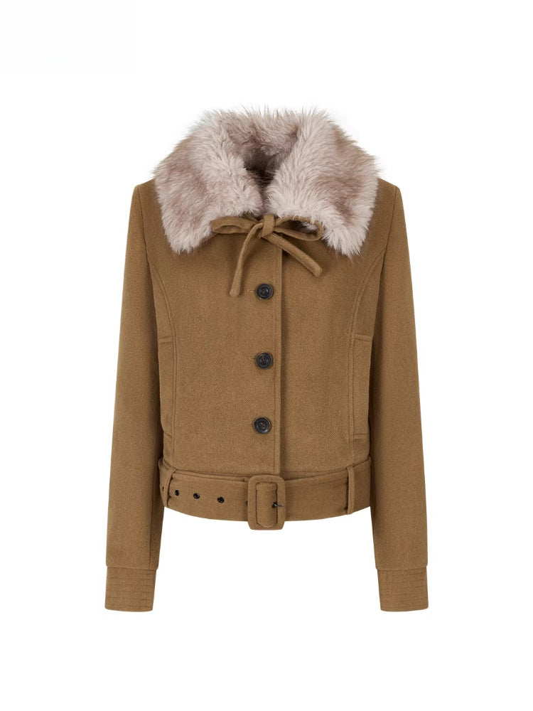 Faux Fur Collar Removable Belted Jacket