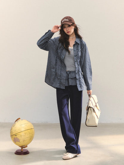 Plaid Ruffle Drawstring Pleated Shirt &amp; Sweatpants Set
